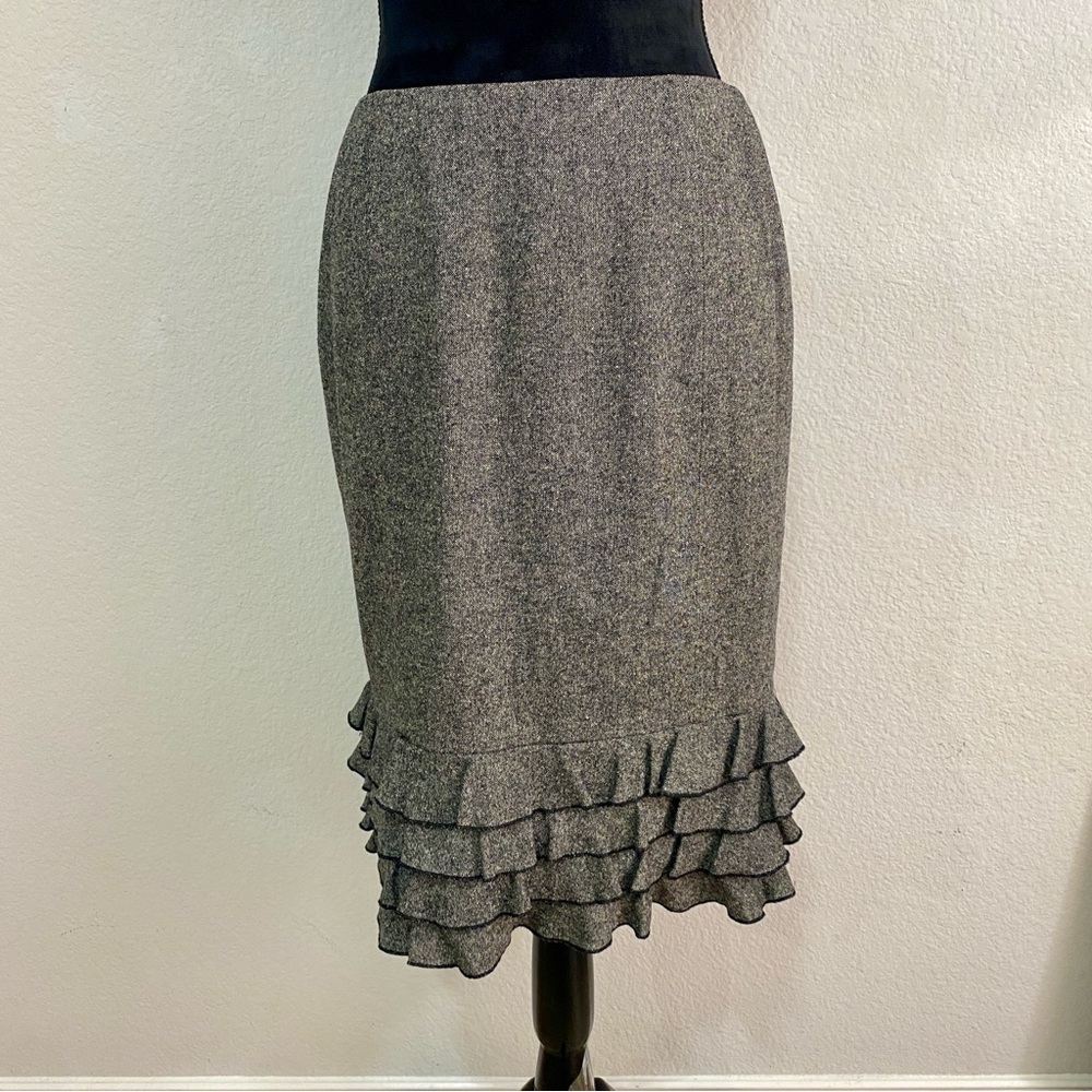 ETCETERA‎ Wool Silk Blend Grey Tweed Ruffle Hem Pencil Skirt Career Size 4